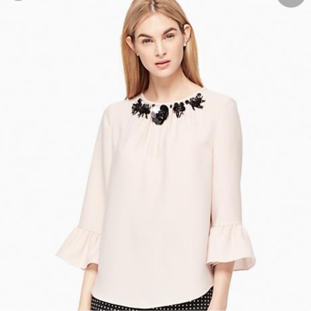 Kate Spade Elegant Blush Cream Blouse w Floral Neck Embellishment & Bell Sleeves
